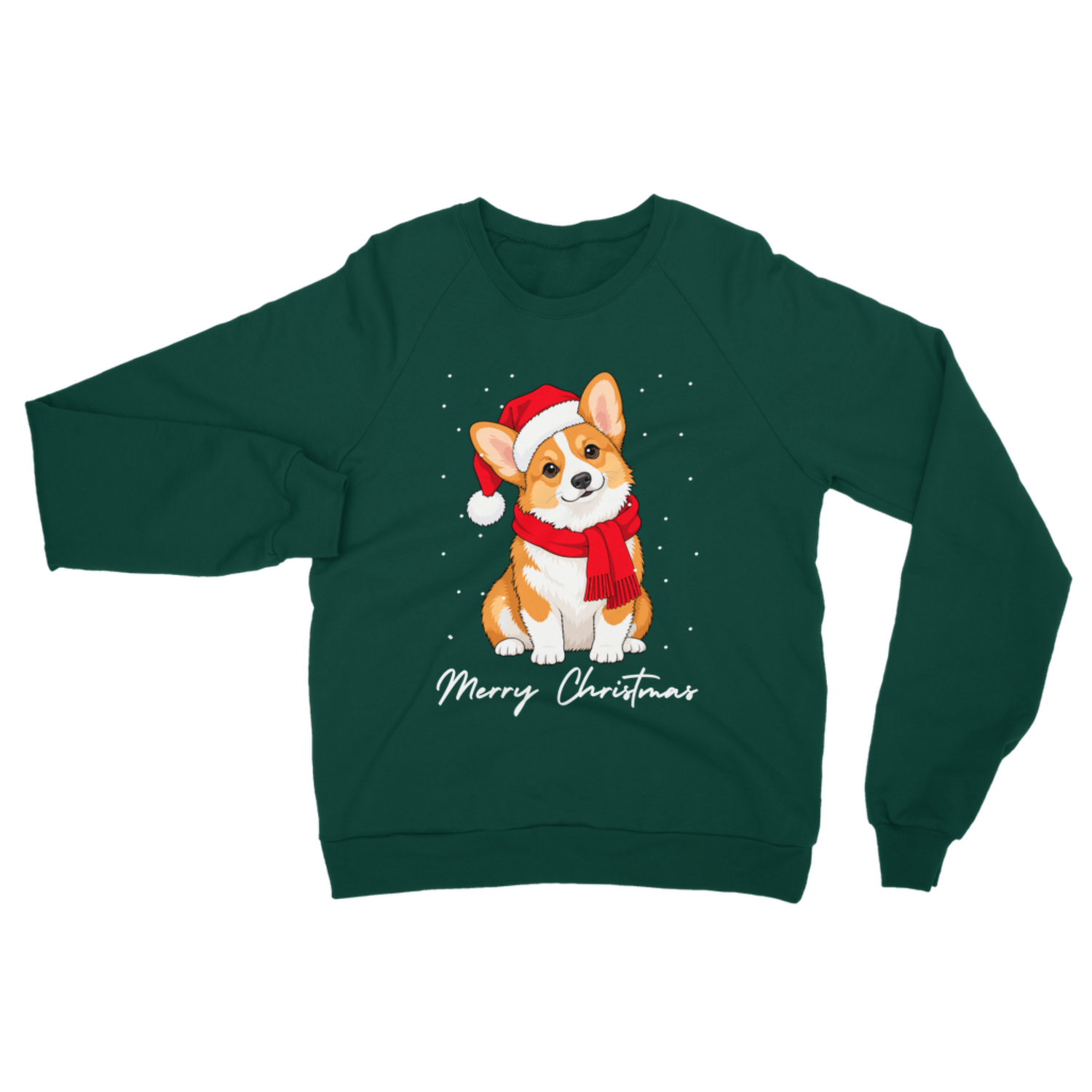 A dark green crewneck sweatshirt featuring a graphic of a corgi dog wearing a red Santa hat and scarf, with 'Merry Christmas' written below in white script, displayed on a solid white background.