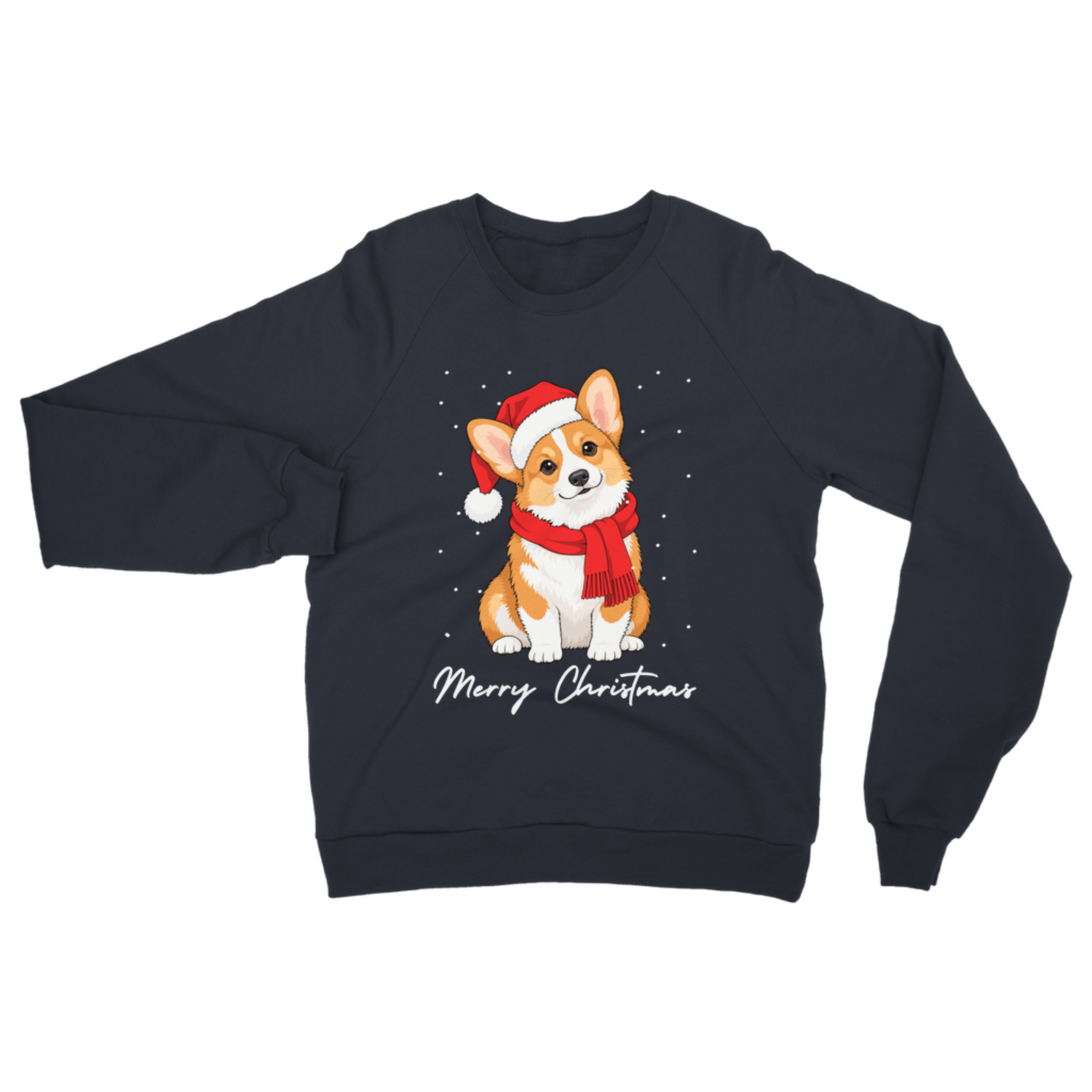 A dark navy crewneck sweatshirt featuring a cartoon corgi wearing a red Santa hat and scarf, with 'Merry Christmas' written below in white script, displayed on a solid white background.