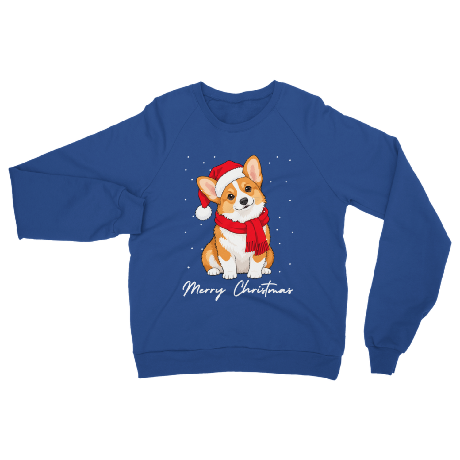 A royal blue crewneck sweatshirt featuring a graphic of a corgi dog wearing a red Santa hat and scarf, with 'Merry Christmas' written below in white script, displayed on a solid white background.