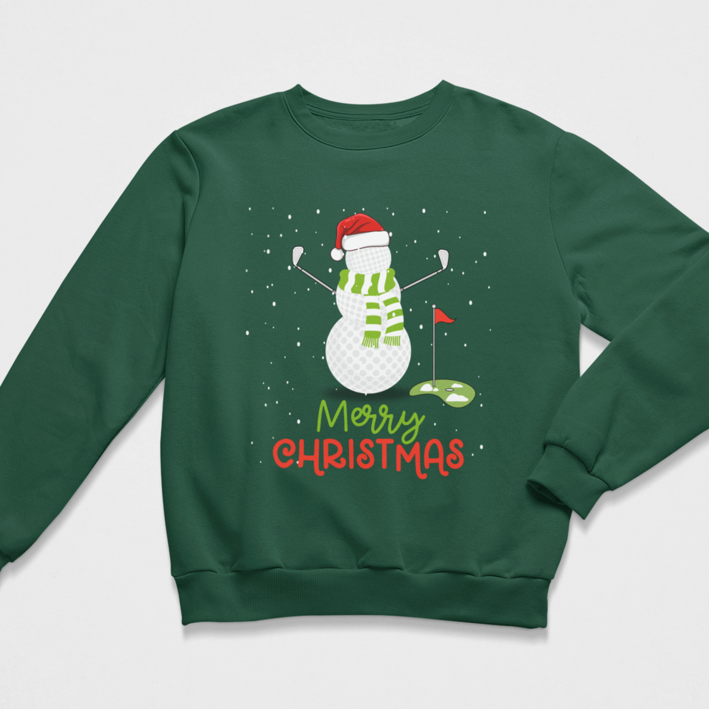 Dark green adult Christmas sweatshirt featuring a golf-ball snowman beside a putting green with Merry Christmas lettering.