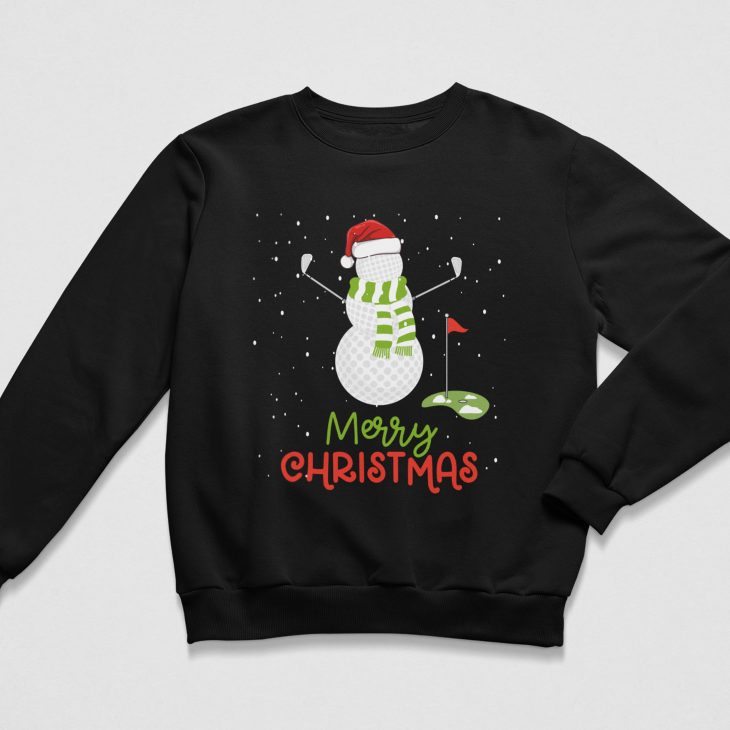 Black adult Christmas sweatshirt featuring a festive golf-ball snowman with golf clubs and red and green lettering.