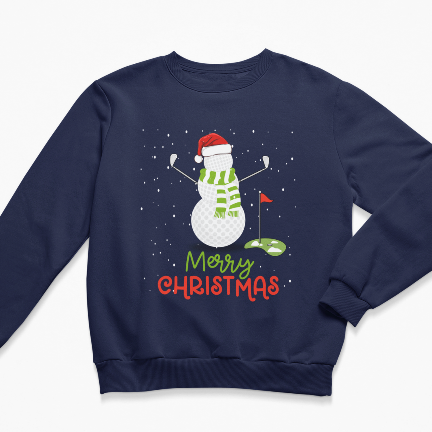 Navy adult Christmas sweatshirt featuring a golf-ball snowman, Santa hat, golf flag and Merry Christmas design.