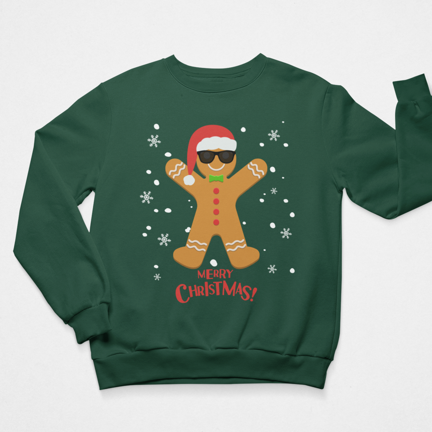 Dark Green adult gingerbread Christmas jumper featuring a festive gingerbread man in a Santa hat and sunglasses with Merry Christmas text.
