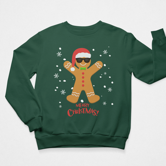 Dark Green adult gingerbread Christmas jumper featuring a festive gingerbread man in a Santa hat and sunglasses with Merry Christmas text.
