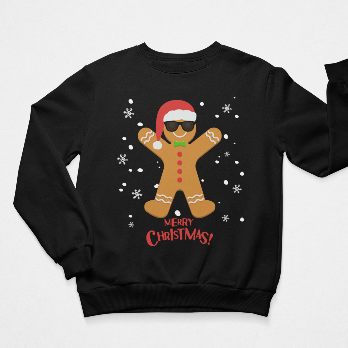 Black adult Christmas sweatshirt with a cool gingerbread man wearing sunglasses, Santa hat and festive Merry Christmas design.
