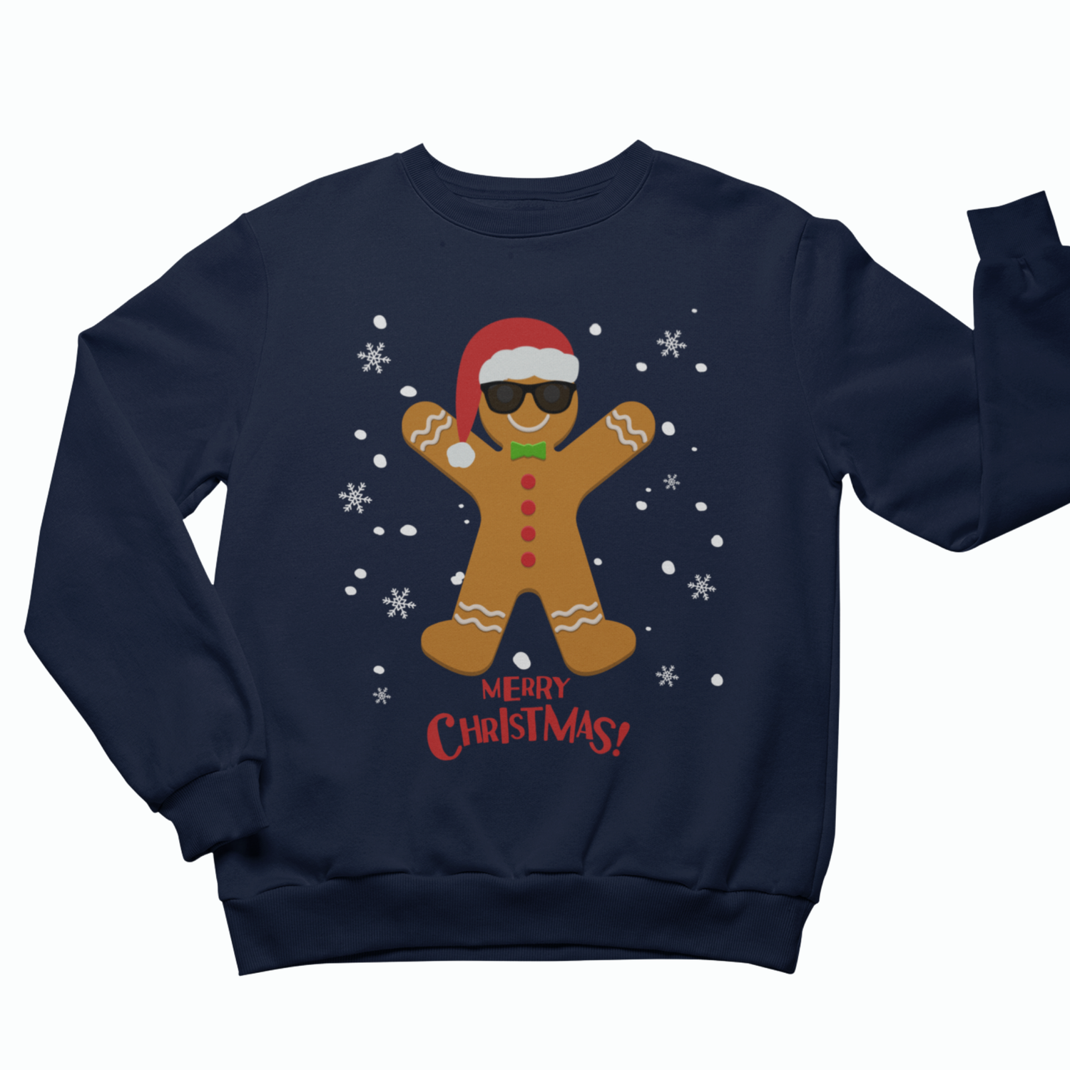 Navy adult gingerbread Christmas jumper with Santa hat, sunglasses, snowflakes and red Merry Christmas lettering.