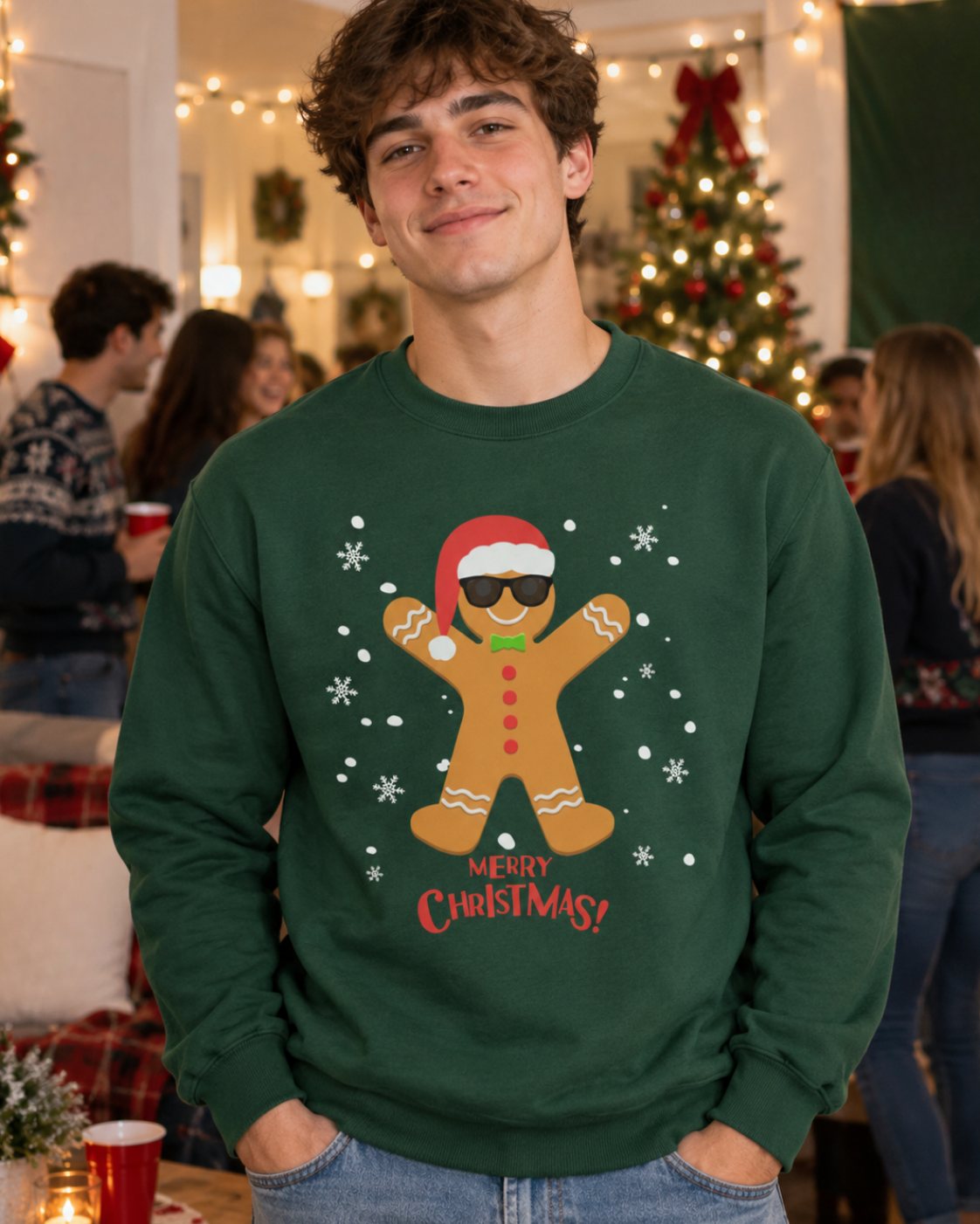 Young man wearing a dark green gingerbread Christmas jumper with Santa hat, sunglasses and Merry Christmas design at a festive university party.