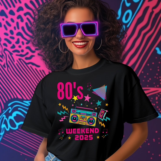 Woman wearing black retro 80s weekend 2025 party t-shirt with neon boombox design