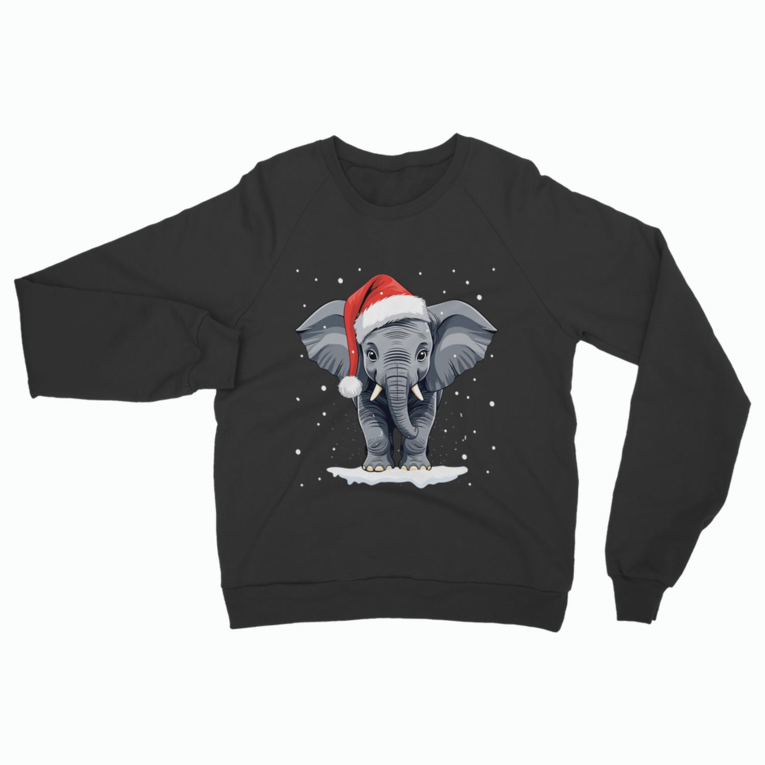 Adult black Christmas sweatshirt featuring a cute baby elephant wearing a Santa hat, standing on snow with falling snowflakes.