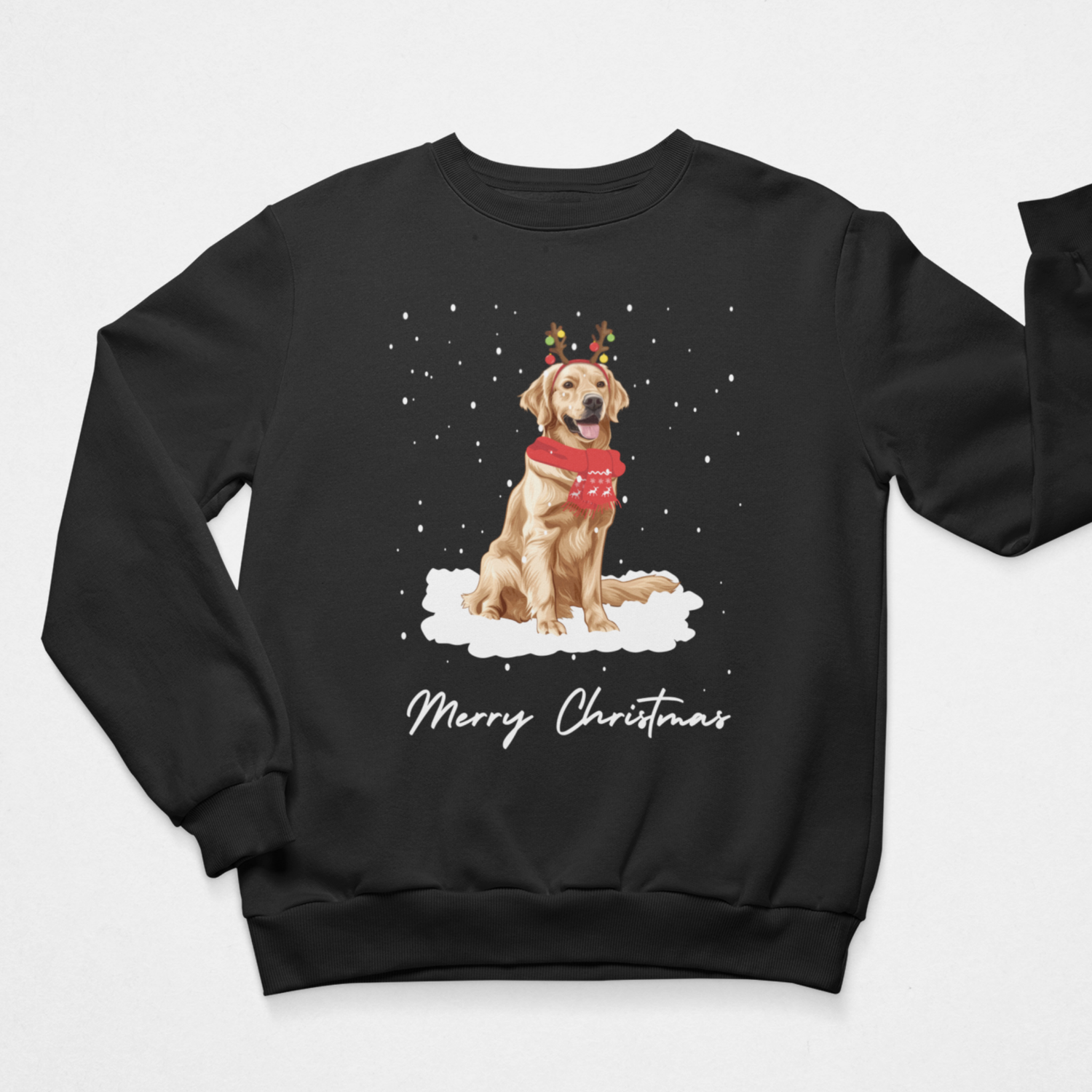 Black unisex Christmas sweatshirt featuring a golden retriever with reindeer antlers, red scarf, falling snow and Merry Christmas wording.