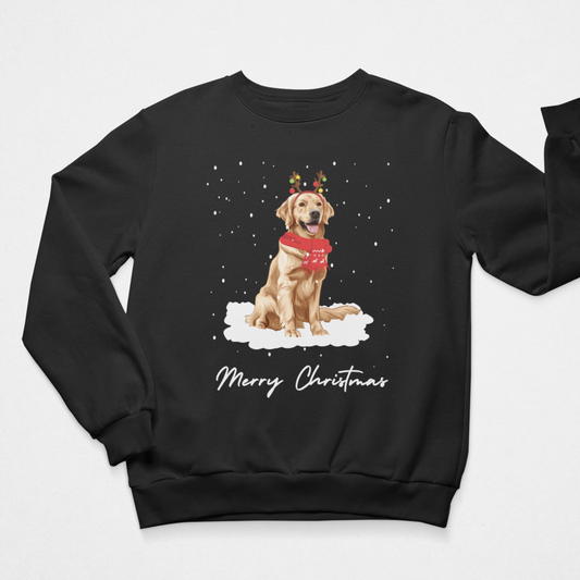Black unisex Christmas sweatshirt featuring a golden retriever with reindeer antlers, red scarf, falling snow and Merry Christmas wording.