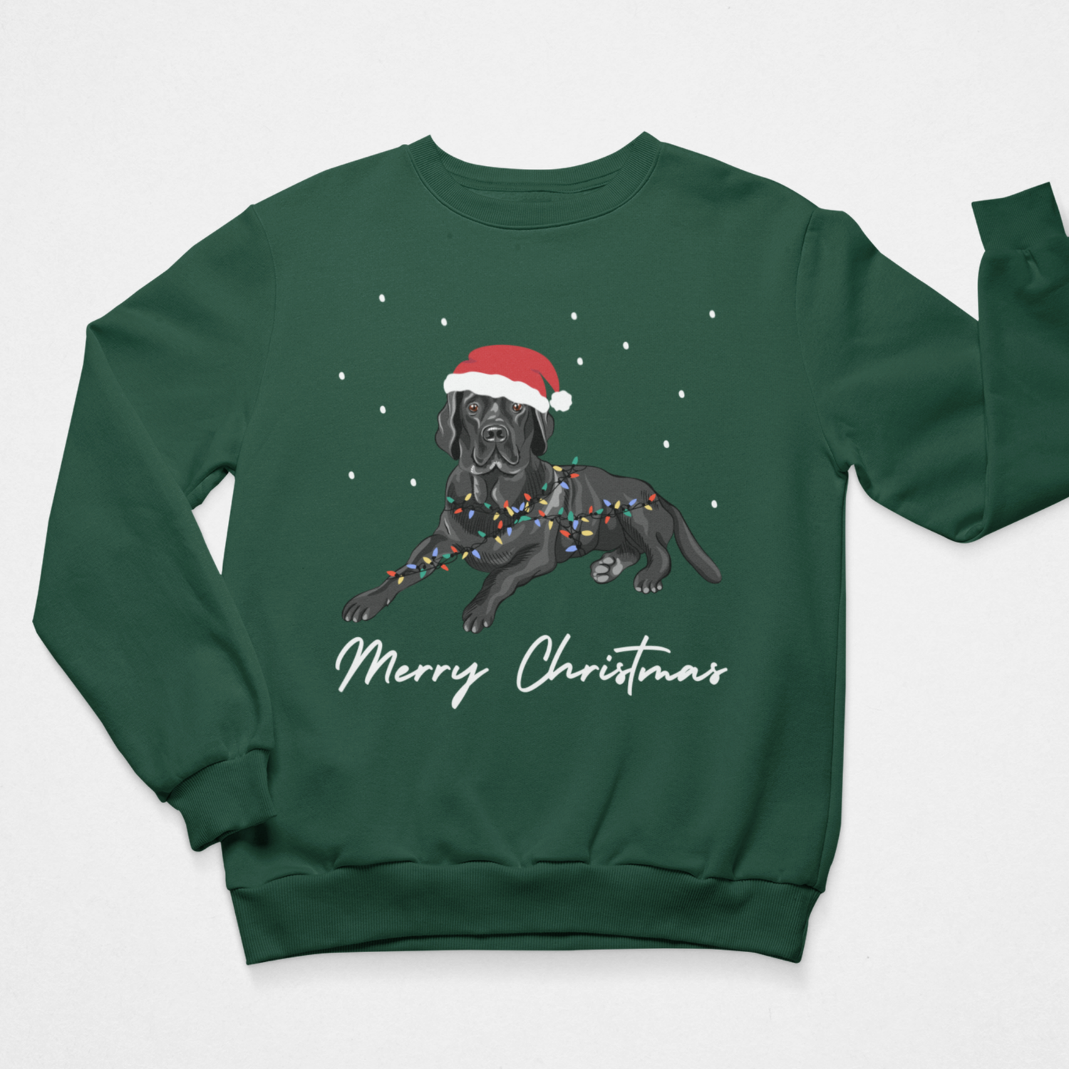 A dark green crewneck sweatshirt featuring a graphic of a black labrador wearing a red Santa hat and colorful Christmas lights, with 'Merry Christmas' written below in white script.