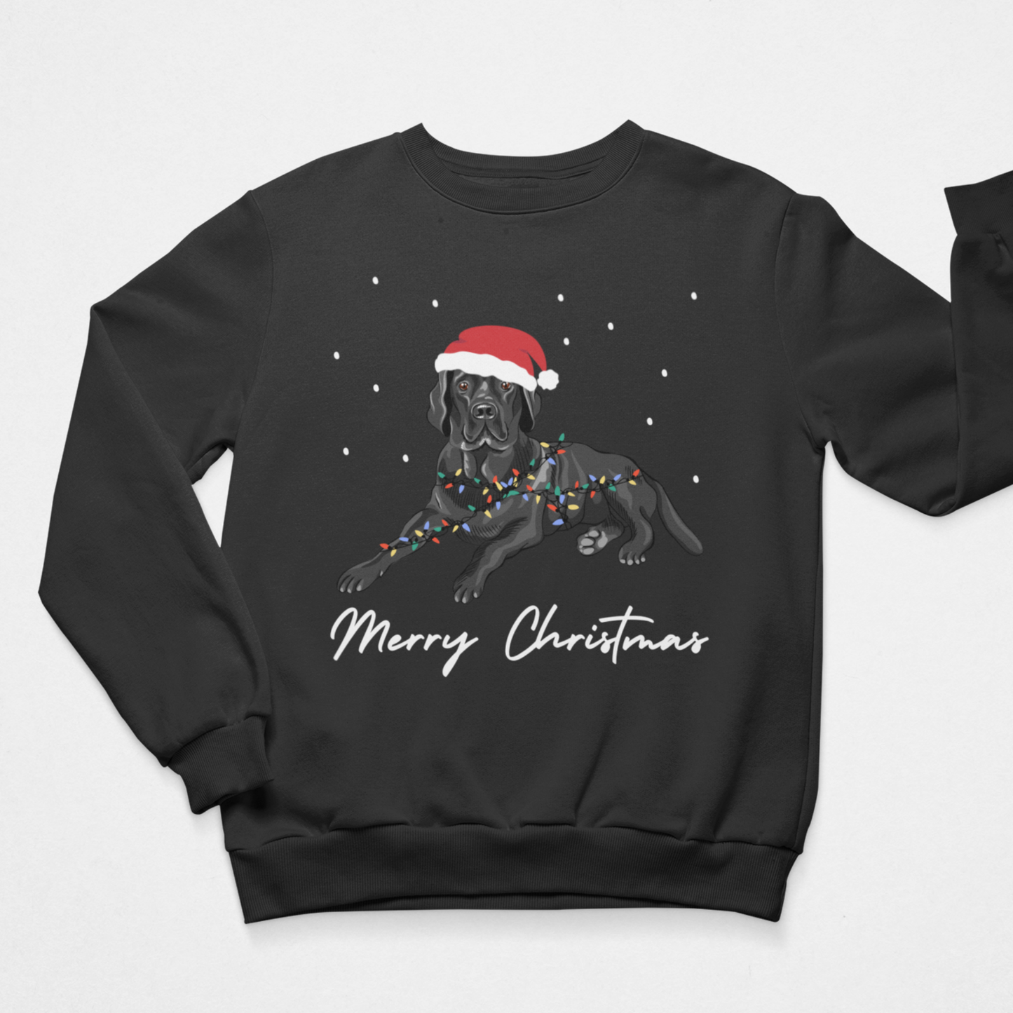 Adults  black crewneck sweatshirt featuring a graphic of a black Labrador retriever wearing a red Santa hat and wrapped in colourful Christmas lights, with 'Merry Christmas' written below in white script.