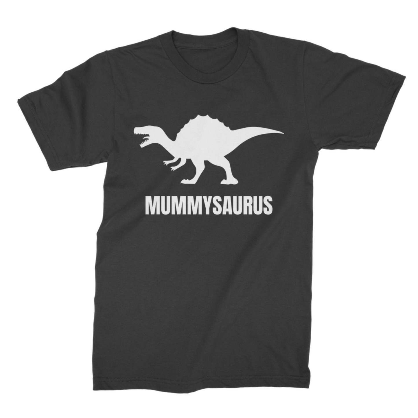 Black cotton t-shirt with a white dinosaur graphic and 'MUMMYSASURUS' text on a white background