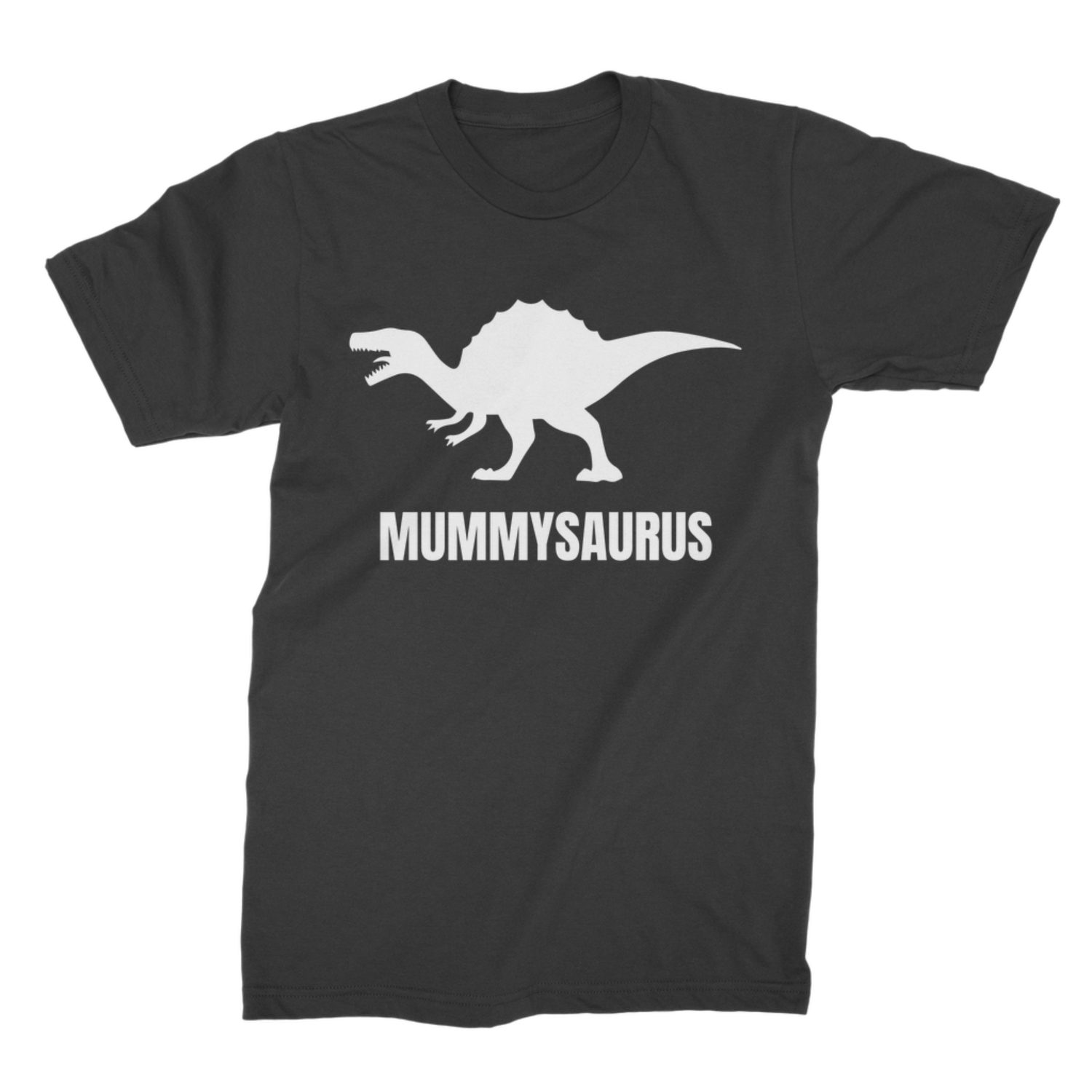 Black cotton t-shirt with a white dinosaur graphic and 'MUMMYSASURUS' text on a white background