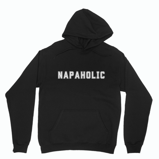 Black varsity style Napaholic hoodie with college lettering and front pocket