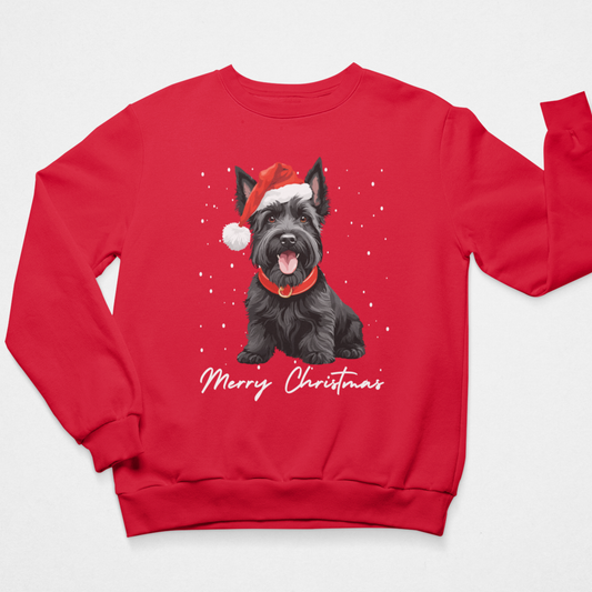 A unisex adults red crewneck sweatshirt featuring a graphic of a black Scottish Terrier wearing a Santa hat, with 'Merry Christmas' written in white script below, displayed on a light grey background.