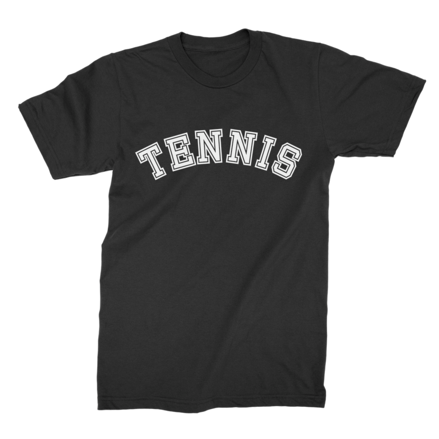 Black adult T-shirt with a white varsity-style Tennis slogan across the chest.