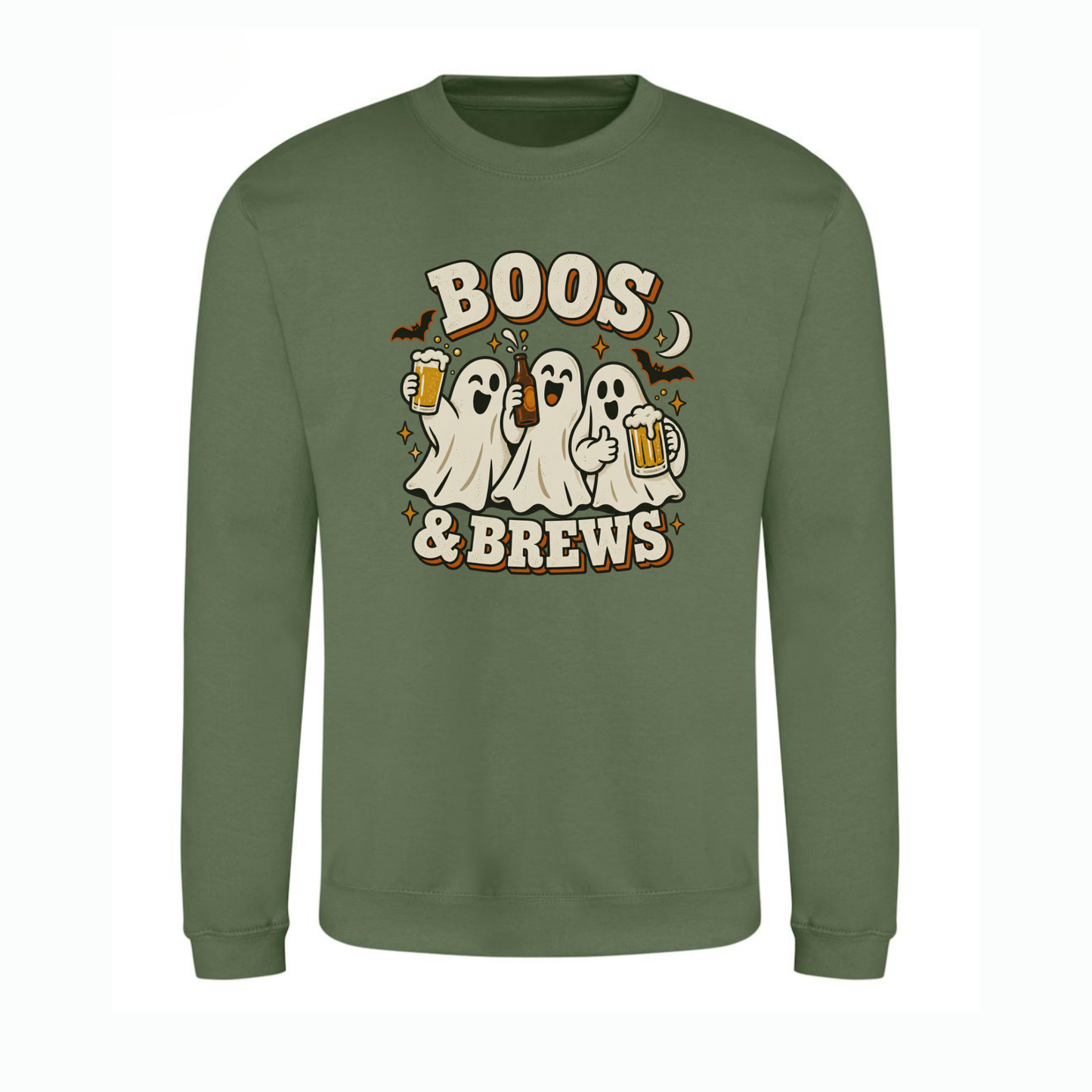 An earthy green crewneck sweatshirt featuring a Halloween graphic of three ghosts holding beer mugs with the text 'BOOS & BREWS' in a retro cream and orange font.