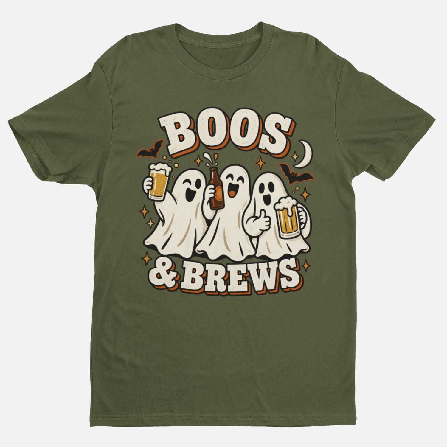 Military-green adult Halloween T-shirt with three beer-drinking ghosts and Boos and Brews design
