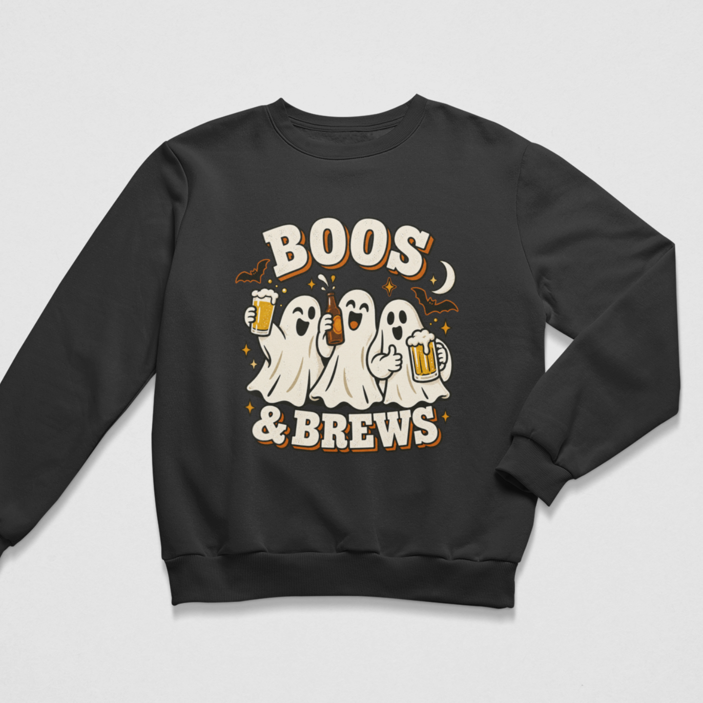 A black crewneck sweatshirt featuring a Halloween graphic of four ghosts holding beer mugs under the text 'BOOS & BREWS' in a retro cream and orange font, displayed on a light gray background.