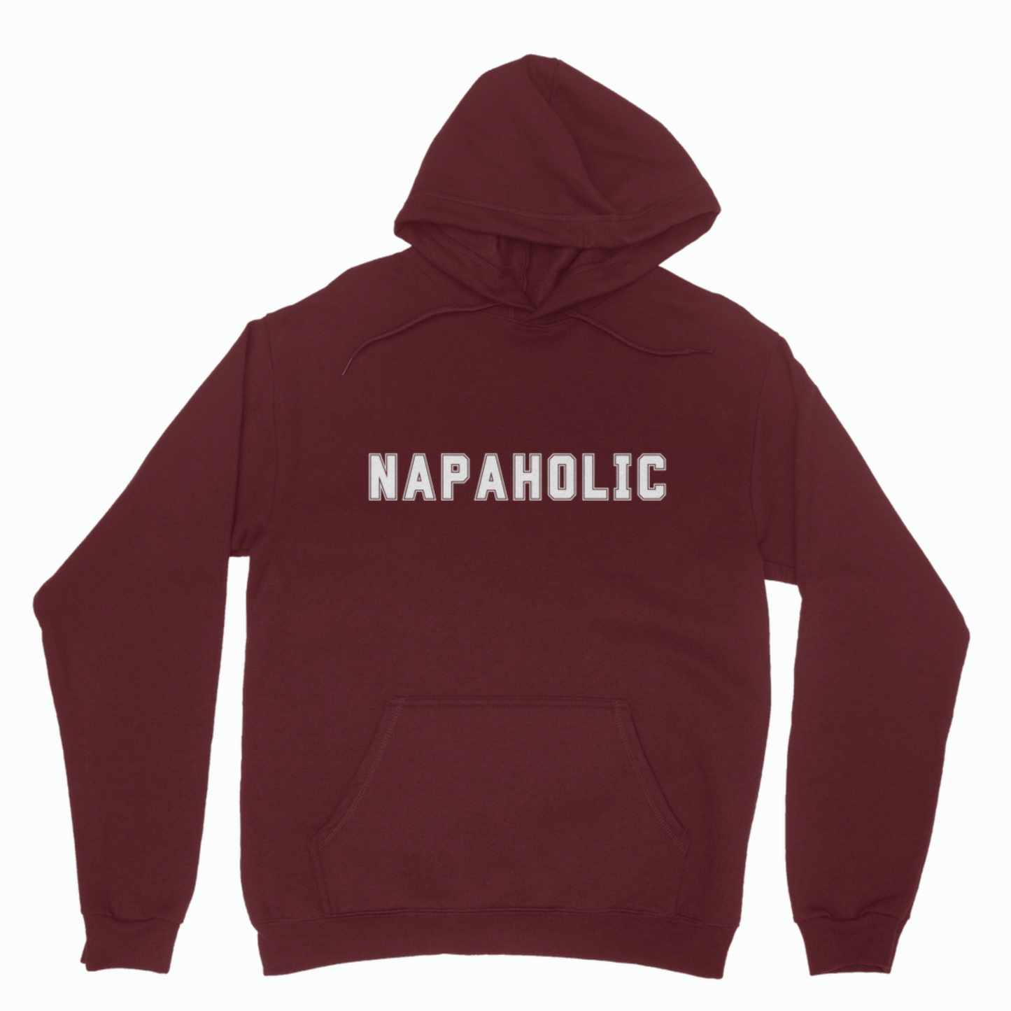 Burgundy Napaholic varsity hoodie with bold college style text on front