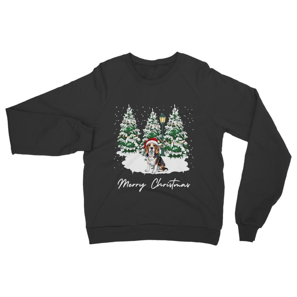 Adults black Christmas sweatshirt featuring a festive beagle in a Santa hat surrounded by snowy pine trees.
