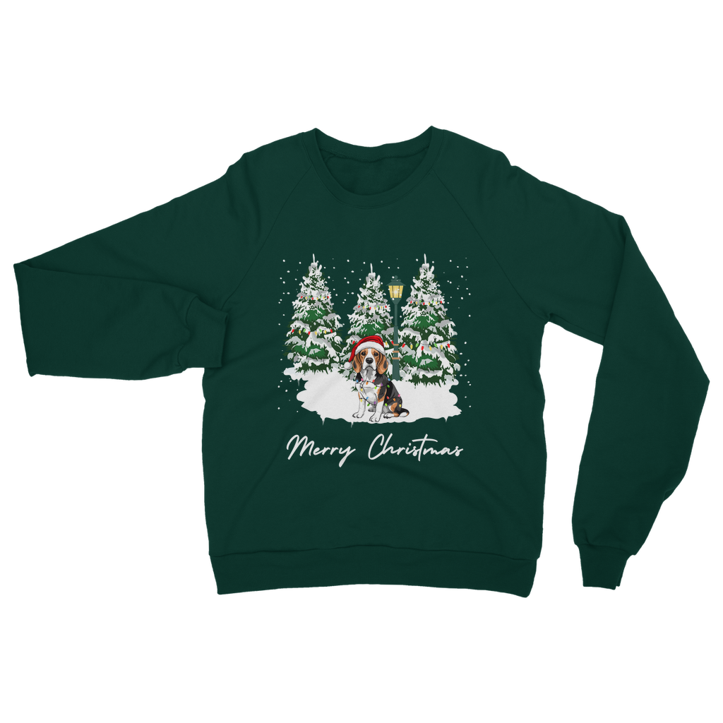 Adults dark green Christmas sweatshirt featuring a festive beagle in a Santa hat surrounded by snowy pine trees.