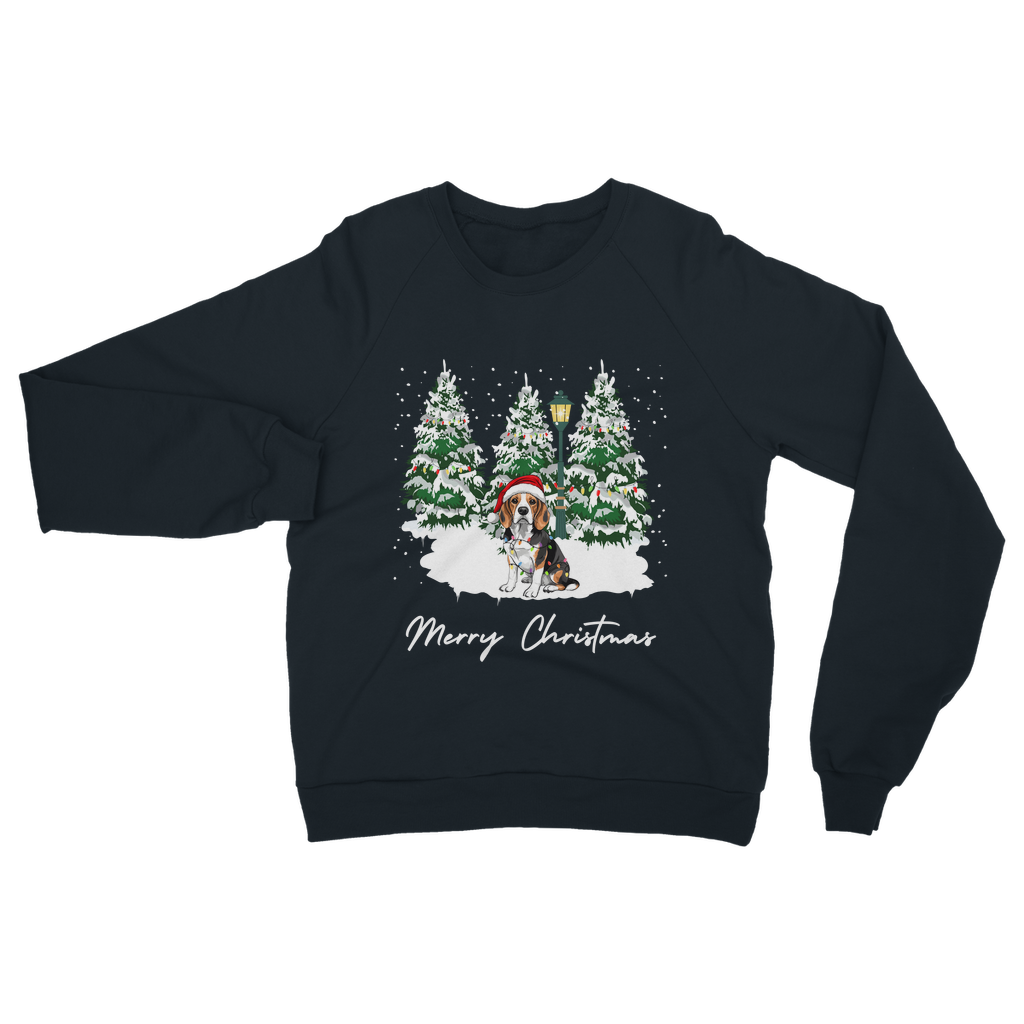 Adults navy Christmas sweatshirt featuring a festive beagle in a Santa hat surrounded by snowy pine trees.