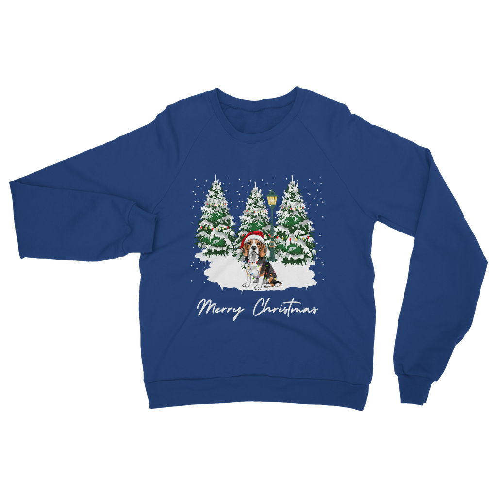 Adults royal blue Christmas sweatshirt featuring a festive beagle in a Santa hat surrounded by snowy pine trees.