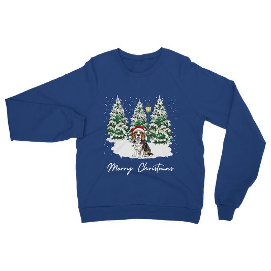Adults royal blue Christmas sweatshirt featuring a festive beagle in a Santa hat surrounded by snowy pine trees.