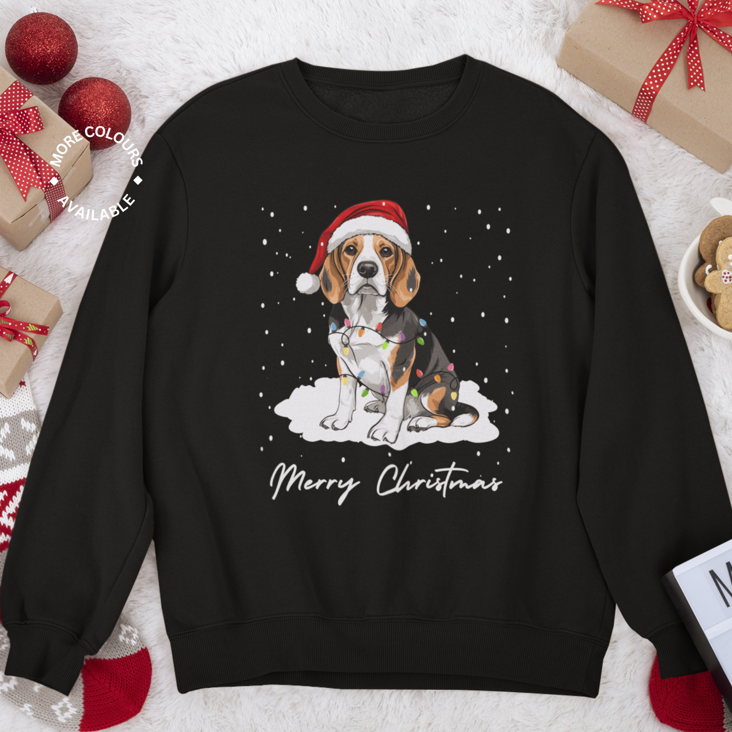 Black unisex Christmas jumper featuring a beagle wearing a Santa hat and wrapped in colourful fairy lights, sitting on snow with “Merry Christmas” text, surrounded by festive decorations and gift boxes.