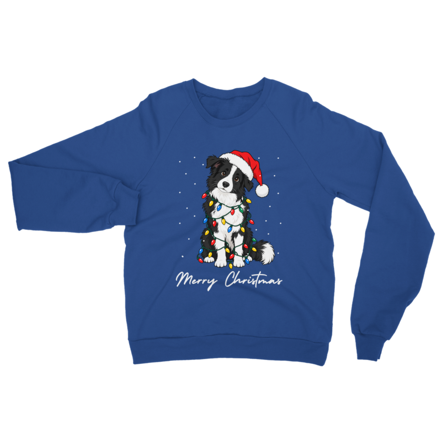 A vibrant royal blue adult pullover sweatshirt laid flat on a plain background, printed with a festive graphic of a Santa-hat-wearing Border Collie surrounded by Christmas lights and snowflakes.