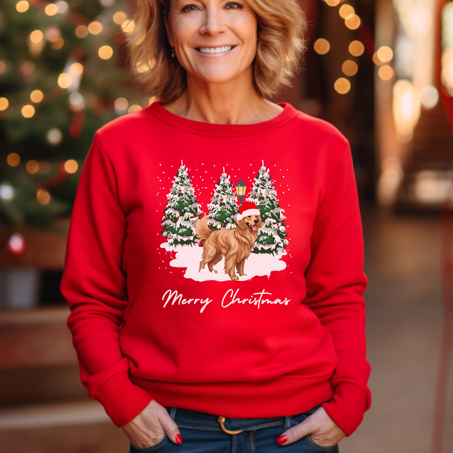 A woman wears a red sweatshirt with a festive golden retriever, snow scene, and Merry Christmas design.