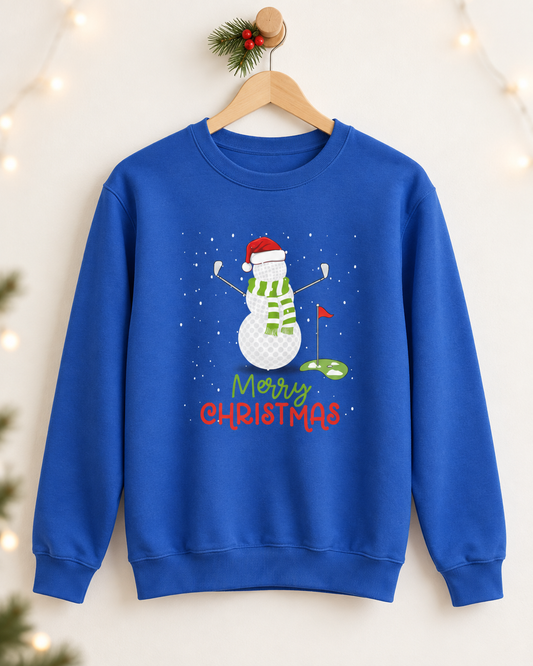 Royal blue adult Christmas sweatshirt featuring a golf-ball snowman, golf clubs and Merry Christmas lettering, displayed on a wooden hanger.