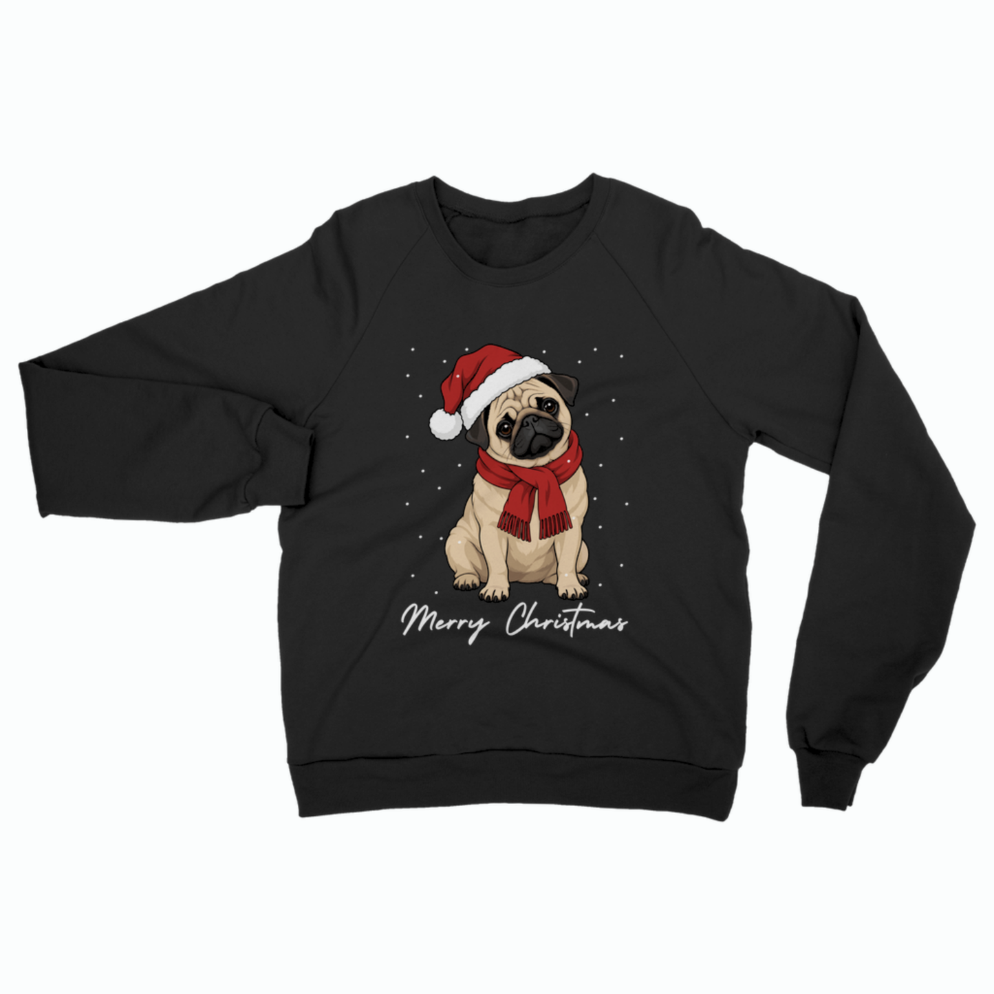 A black crewneck sweatshirt featuring a graphic of a pug wearing a red Santa hat and scarf, with 'Merry Christmas' written in white script below, displayed on a clean white background.