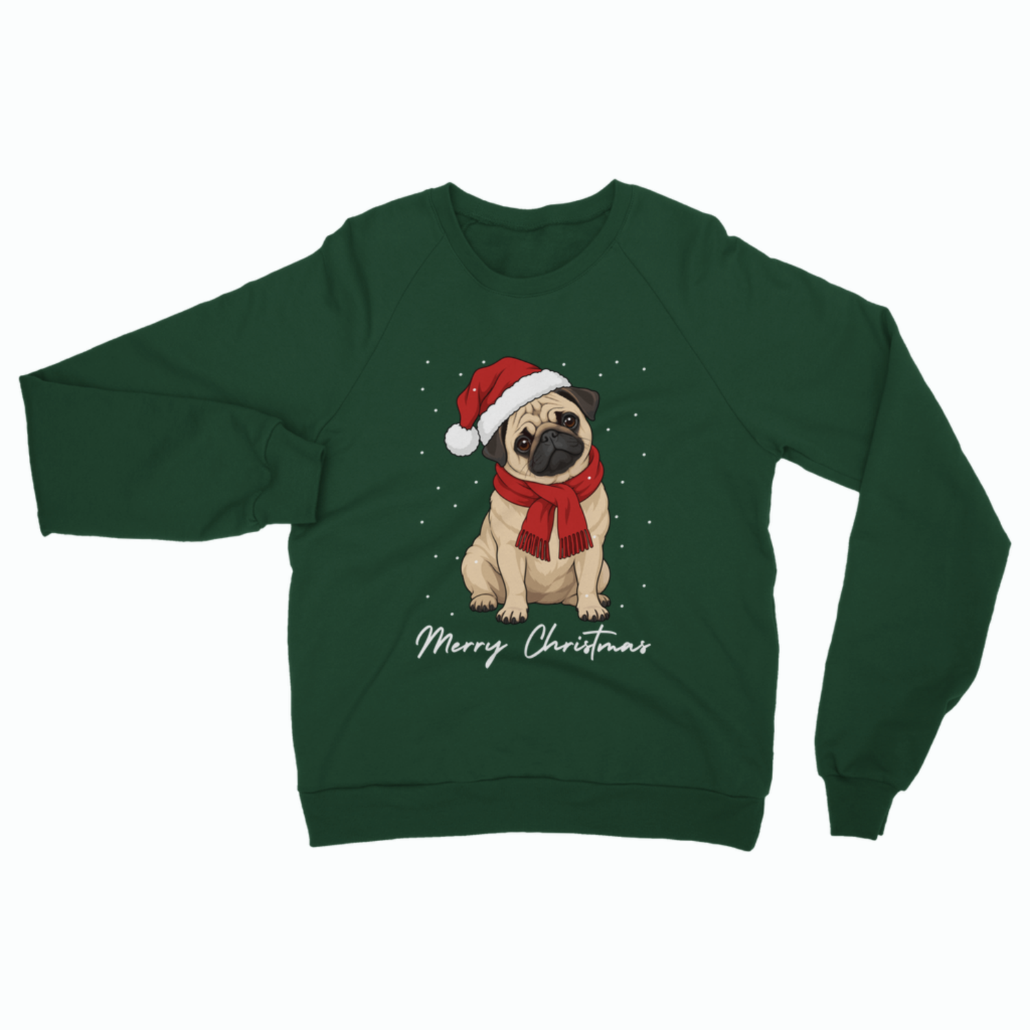 A dark green crewneck sweatshirt featuring a graphic of a pug wearing a red Santa hat and scarf, with 'Merry Christmas' written in white script below, displayed on a solid white background.