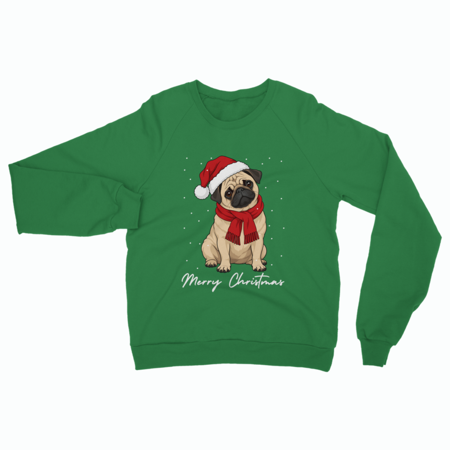 A green crewneck sweatshirt featuring a graphic of a brown and white dog wearing a red Santa hat, with white snowflakes and the text 'Merry Christmas' printed below.