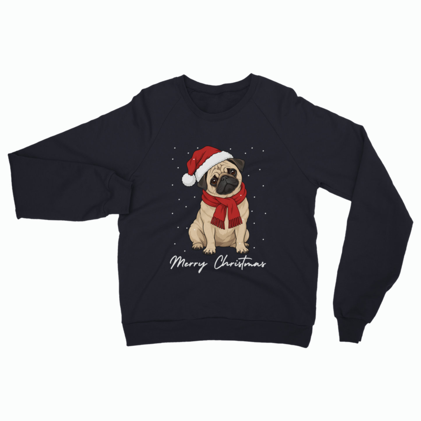 A dark navy crewneck sweatshirt featuring a graphic of a pug wearing a Santa hat and scarf, with 'Merry Christmas' written below in white script, shown against a plain white background.