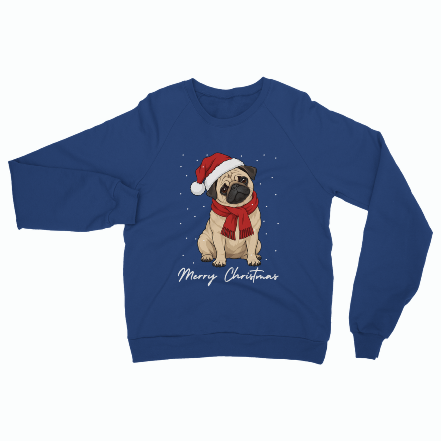 A royal blue crewneck sweatshirt featuring a graphic of a pug wearing a Santa hat and scarf, with 'Merry Christmas' written in white script below, displayed on a clean white background.