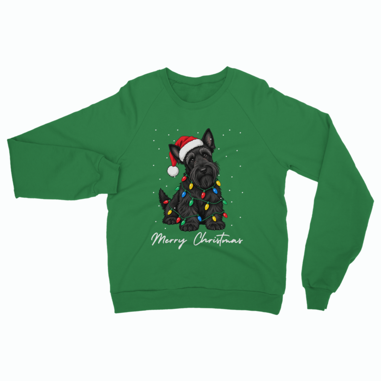 A green crewneck sweatshirt featuring a graphic of a black Scottish Terrier dog wearing a red Santa hat and wrapped in colourful Christmas lights, with 'Merry Christmas' written below in white script.