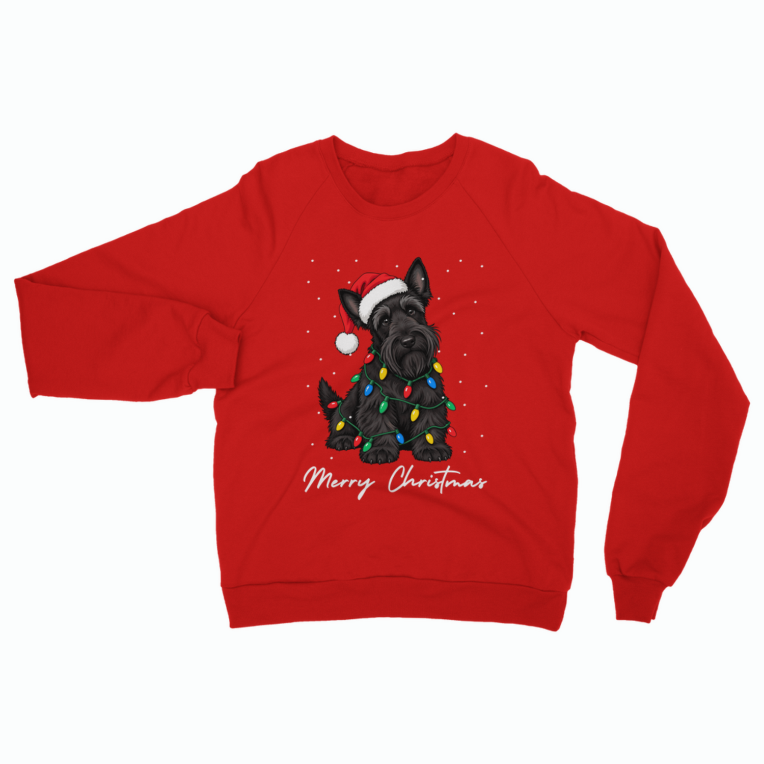 Adults red sweatshirt featuring a black Scottish Terrier wrapped in colourful Christmas lights, wearing a Santa hat, with “Merry Christmas” beneath.