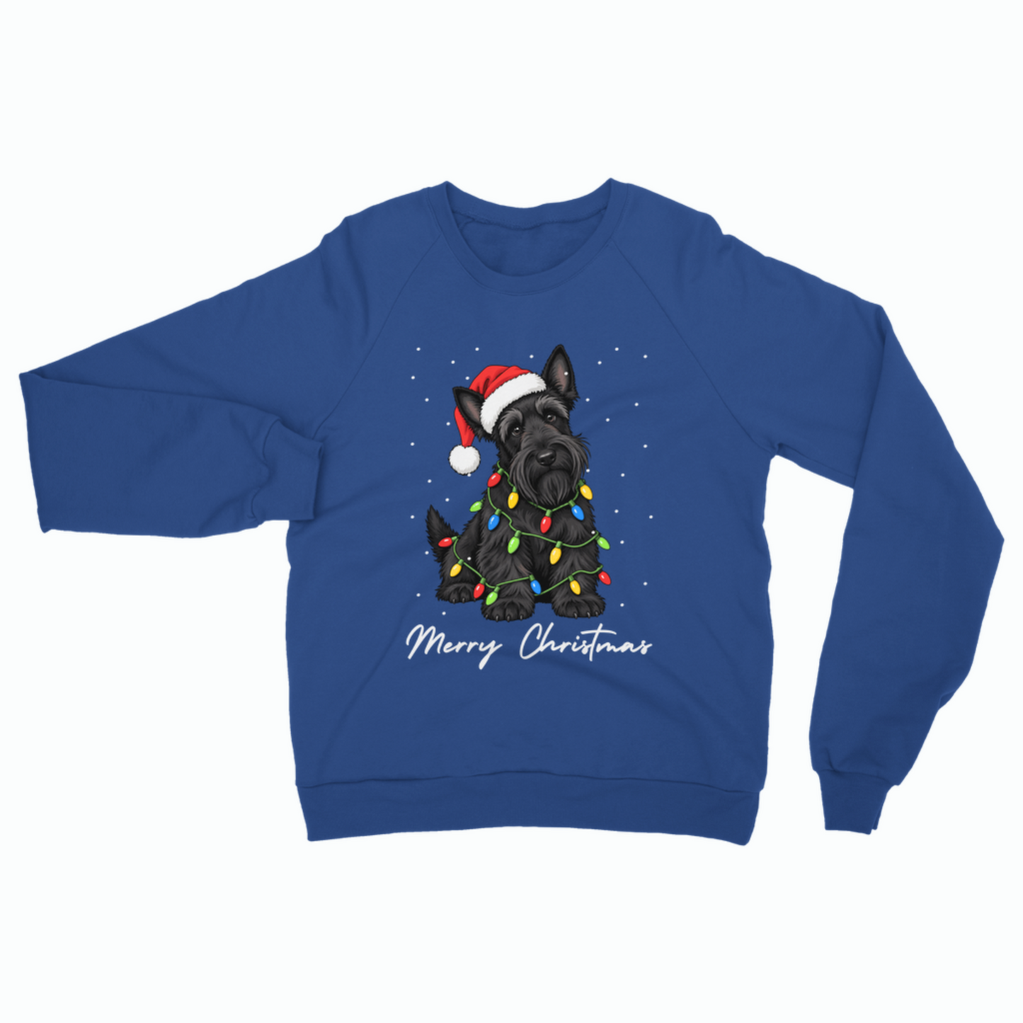 Adults royal blue sweatshirt featuring a black Scottish Terrier in a Santa hat and colourful fairy lights, with “Merry Christmas” lettering.