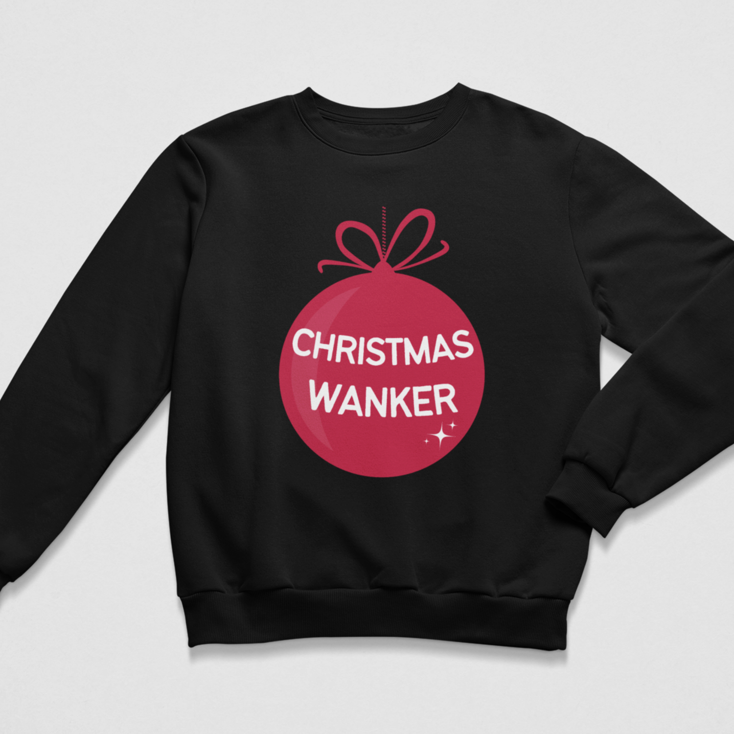 Deep black adult sweatshirt featuring a red Christmas bauble and Christmas Wanker slogan.