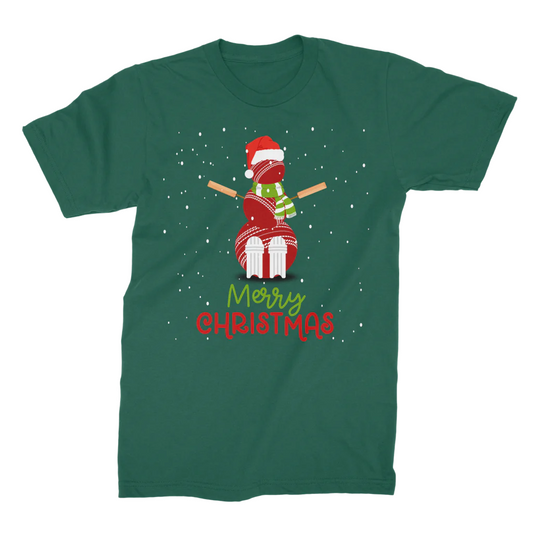 Adults dark green short sleeved t-shirt with a Christmas cricket-themed design on a white background