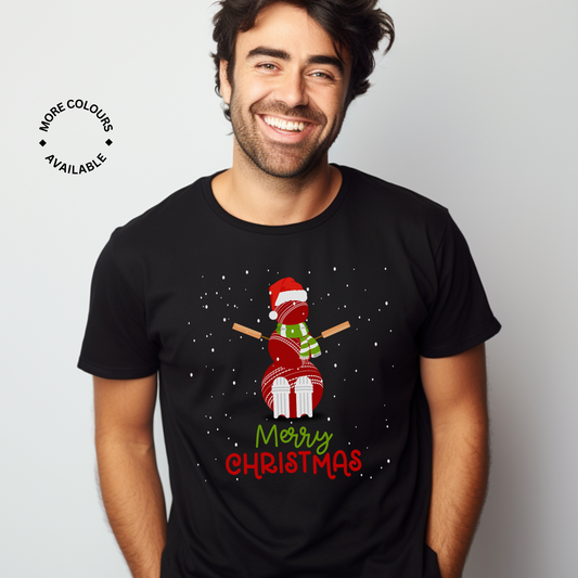 Man wearing a black Merry Christmas t-shirt with a snowman made out of cricket equipment