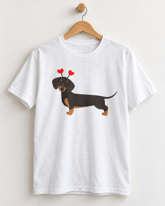 A white short-sleeve crewneck t-shirt hanging on a wooden hanger against a light beige wall. The shirt features a graphic print of a black and tan dachshund wearing red heart-shaped headband.