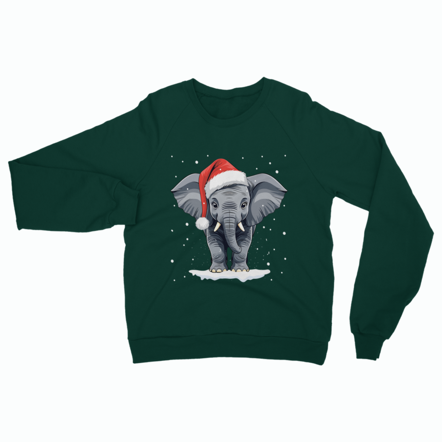 Adult dark green Christmas sweatshirt featuring a cute baby elephant wearing a Santa hat, standing on snow with falling snowflakes.