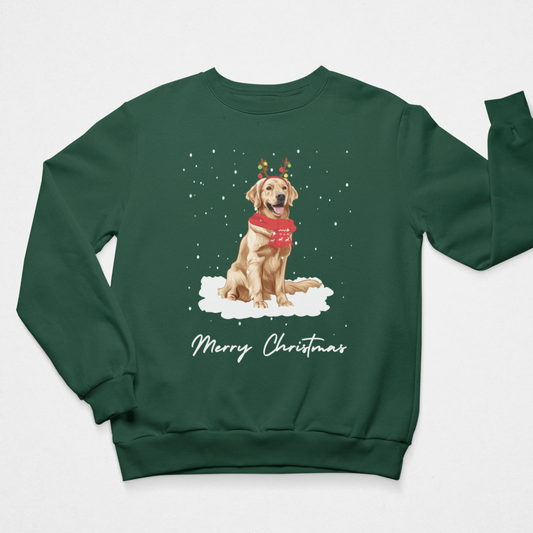 Dark green adult Christmas jumper with a golden retriever sitting in snow, wearing festive antlers and a red winter scarf.
