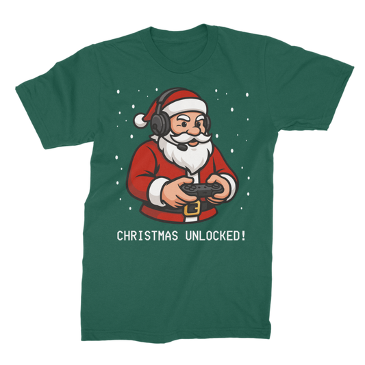 Dark green adult Christmas T-shirt with Santa wearing a gaming headset and holding a controller above “Christmas Unlocked!”
